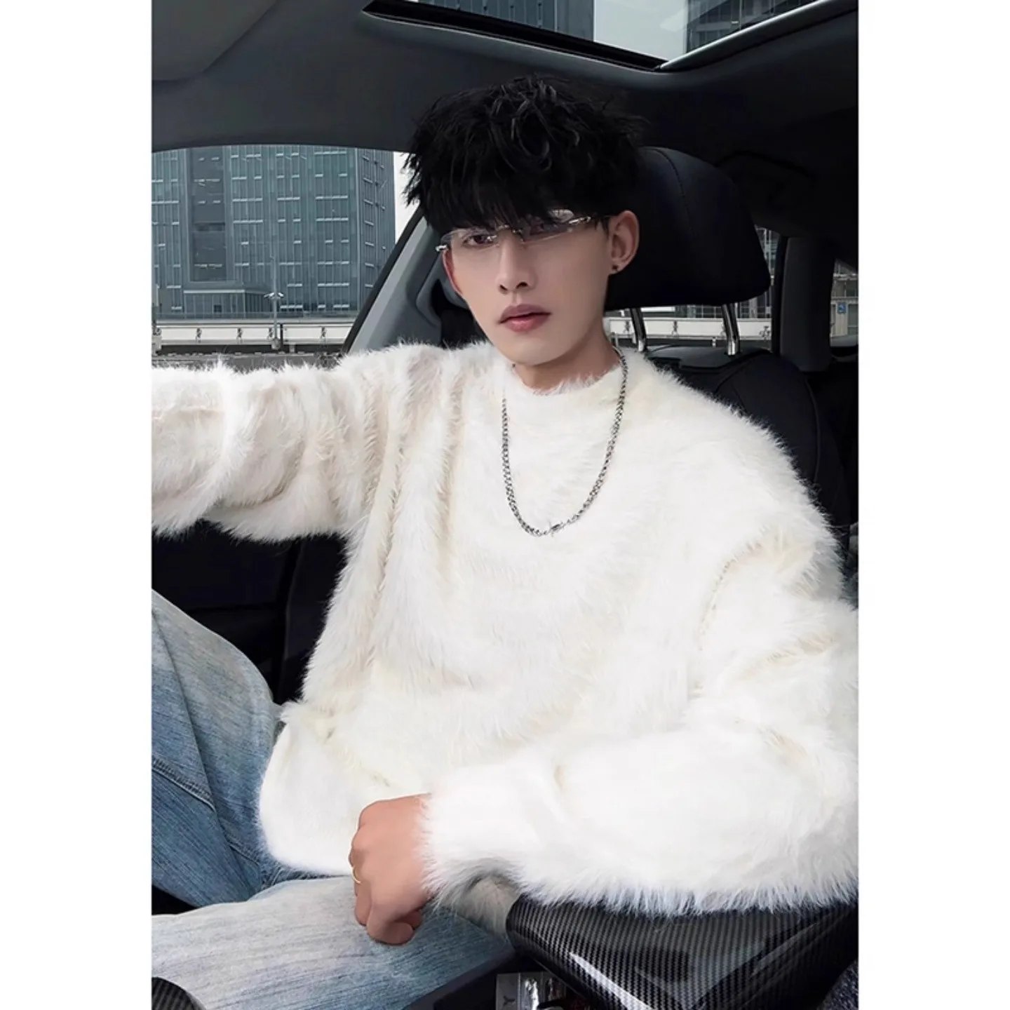 

Мужской вязаный свитер из искусственного меха норки, зимний утепленный пуловер с круглым вырезом, теплый, из полиэфирного волокна, с длинными рукавами, белый топ