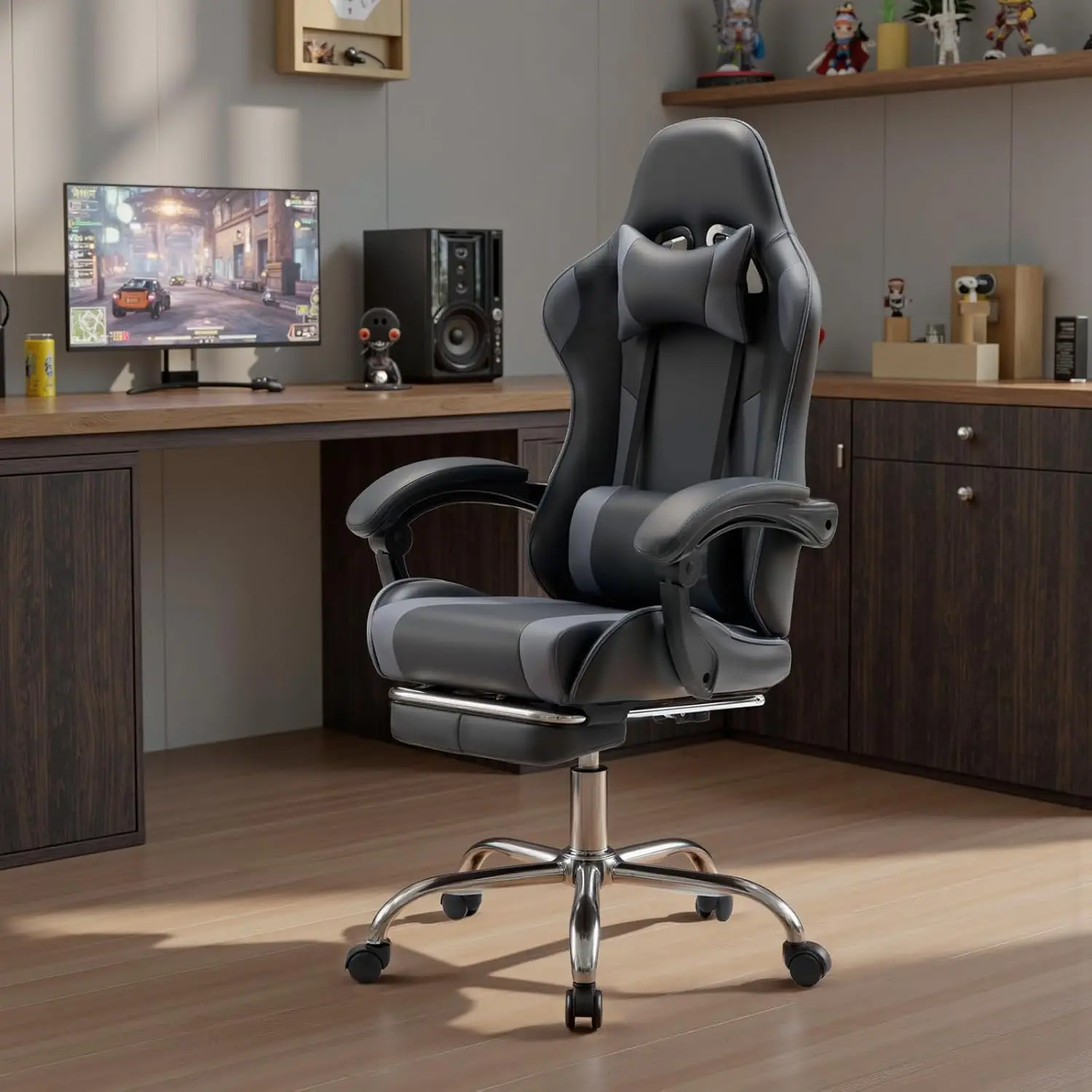 Ergonomic Gaming Chair, High Back Computer Desk Seat, Home Office Swivel Recliner, Extendable Footrest Lumbar Support Workstation Furniture, Modern Black, 1 Piece