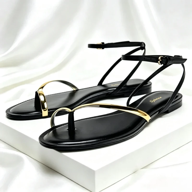 Black Ankle Strap Buckle Clip Design Flat Sandals Women Fashion Metallic Embellished Designer Shoes Comfort Beach Casual Shoes