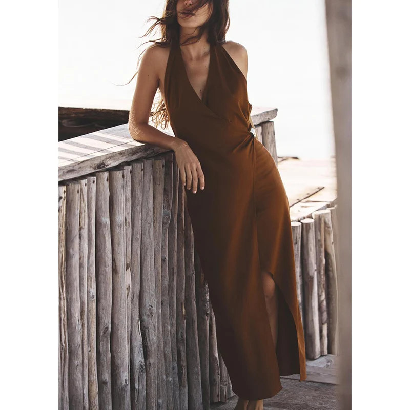 กระโปรงยาวทรงเอวสูงผ้าลินินผสมประดับลายทอง ดีไซน์คอวี กระดุมสองแถว สำหรับผู้หญิงช่วงฤดูร้อน