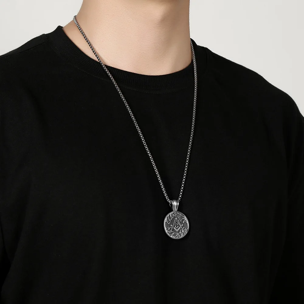 Men Vintage Masonic Square & Compass G Symbol Pendant Necklace Gold Plated Cuban Chain Necklace for Men Business Daily Wear