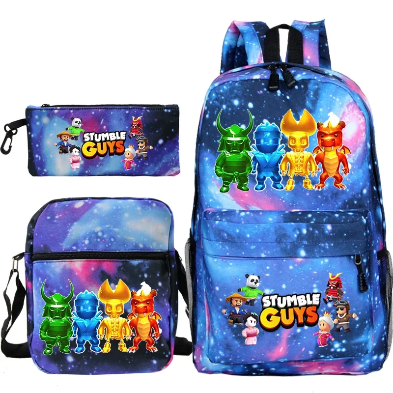 Stumble Guys Mochila para meninos e meninas, Mochilas escolares, Cosplay Cartoon Knapsack, Mochilas Casuais para Crianças, Zipper Bookbag, Presente, 3Pcs Set