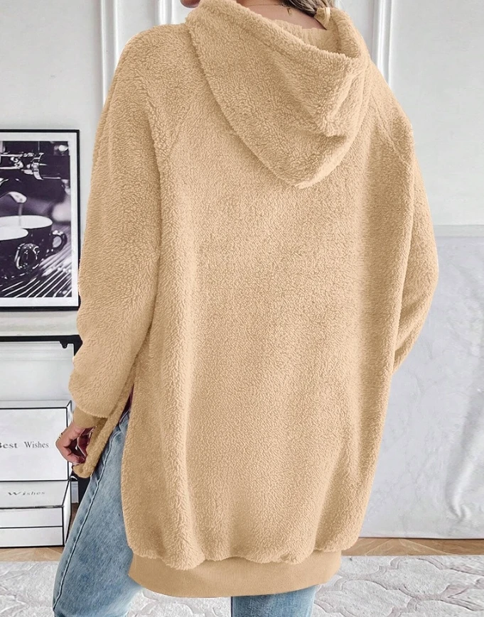 Elegant Fuzzy Kangaroo Pocket Design Side Slit Hooded Sweatshirt 2025 Autumn Winter Spring New Fashion Casual Pullover Tops