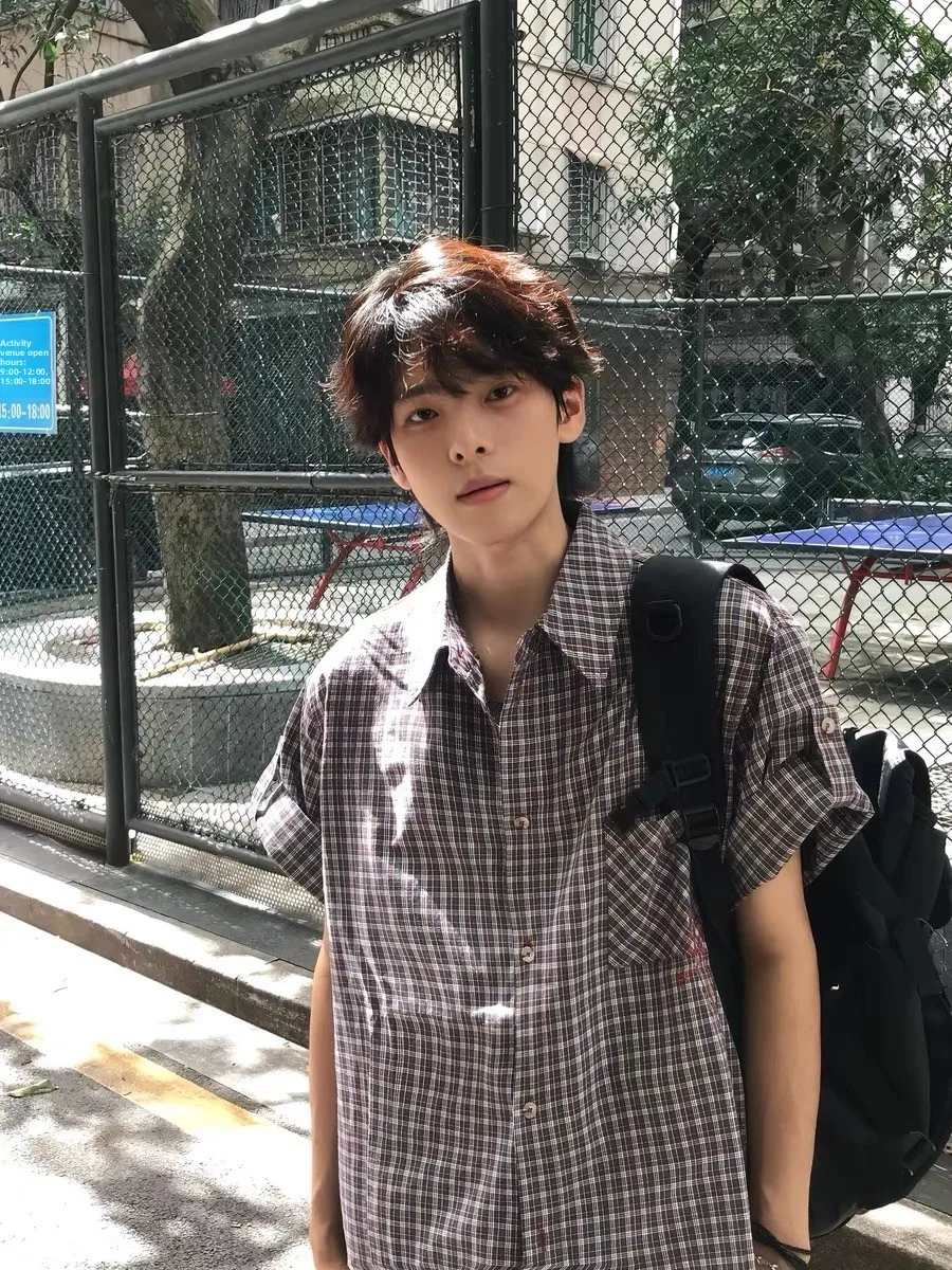 

Casual Loose Plaid ort Sve irt Vintage American Sle Summer irt for Men And Women Collar Polyester Fiber