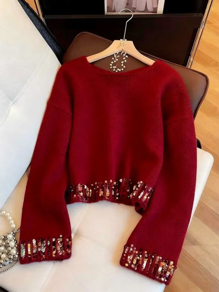 

Корейский вязаный свитер Lazy Sle Red с круглым вырезом, модный универсальный дизайн, новинка зимы, женская вязаная одежда с длинными рукавами