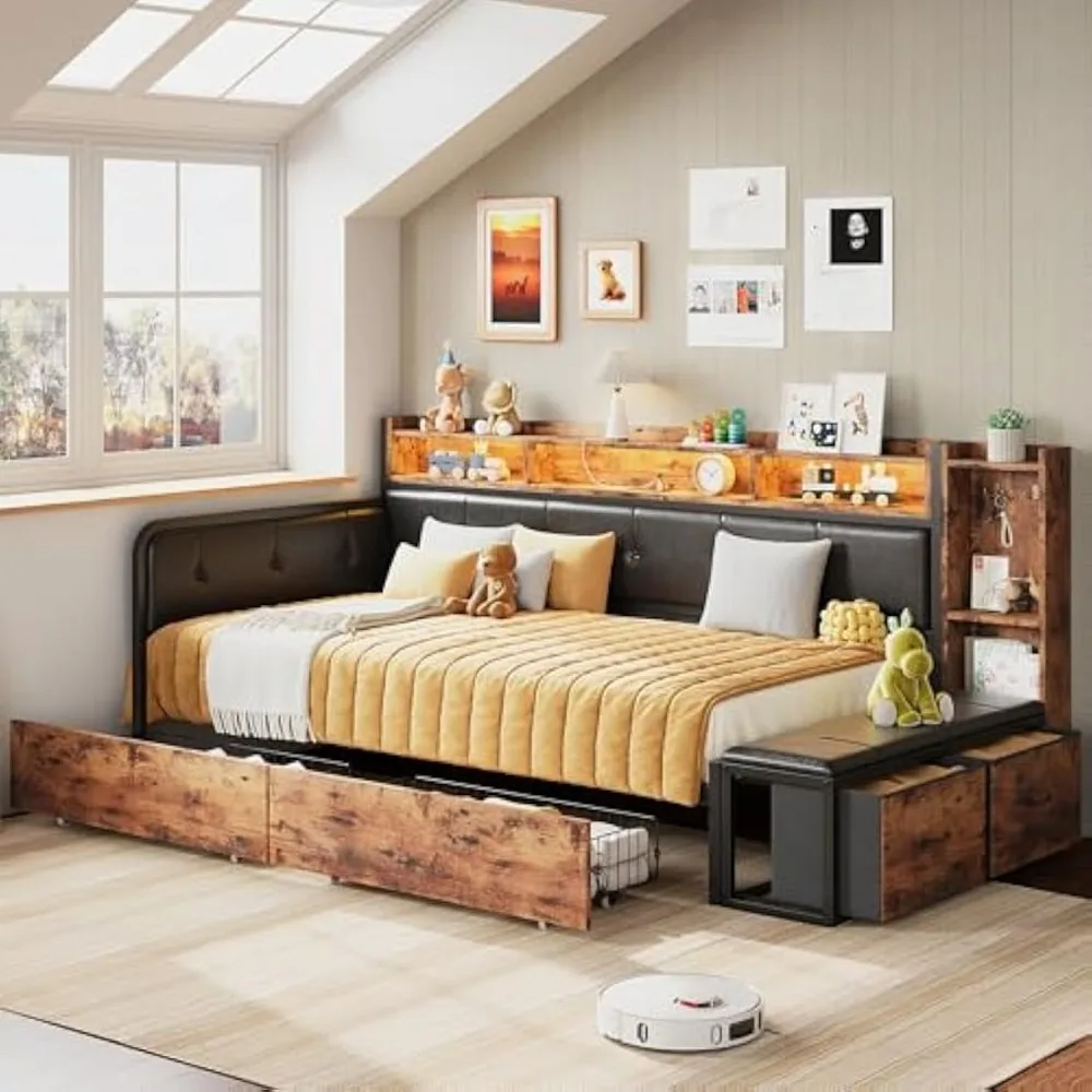 ANCTOR Corner Bed Frame, Twin Daybed with 2 Drawers & Charging Station, Platform Bed Frame Bookcase Headboard for Living Room, B