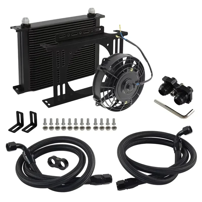 【Premium Quality Daria】 28 Row Oil Cooler Kit W/ Bracket for E36 E46 M3 E90 E92 E93 135i 335i +7'' Electric Fan Transmission