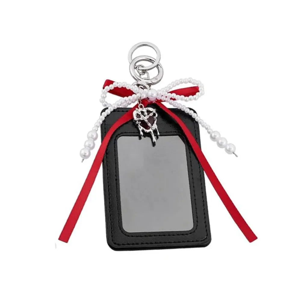 Cute Pearl Bow Photocard Holder Key Ring Hardware PU Leather ID Card Holder Elegant Clear Window Badge Holder Handheld Carrying