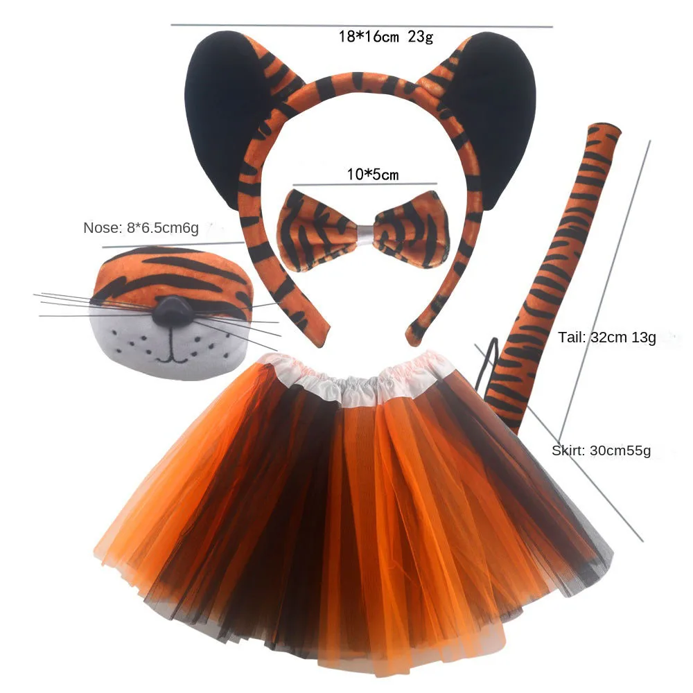 Girls' Tiger Ears Headband, Bow Nariz Tails, Saia Set, Acessórios de Festa, Aniversário, Halloween, Cosplay, Fantasia