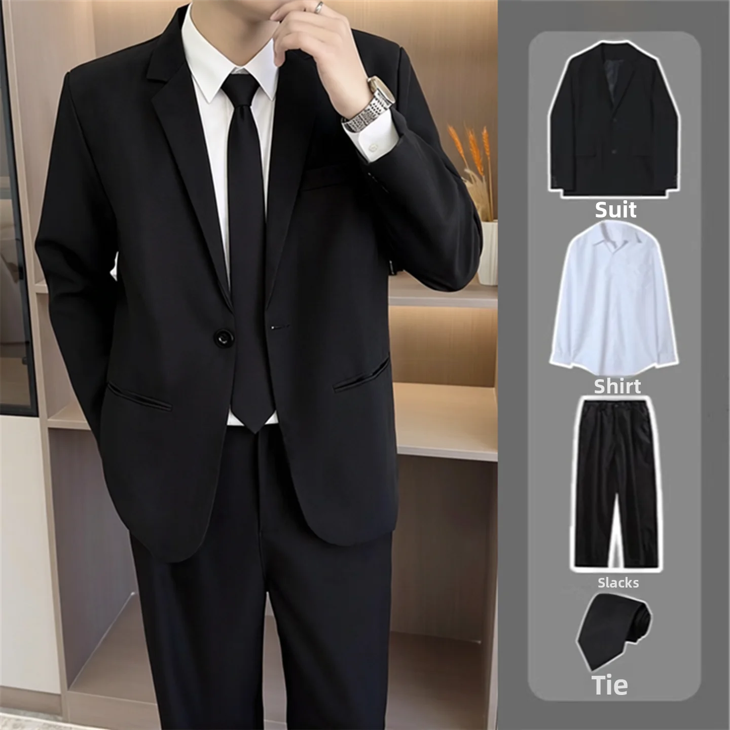 

Men's Bla Slim Fit Busin Suit Jaet Polyester Fiber Stand Sle Casual Commute Interview Wedding Daily Wear