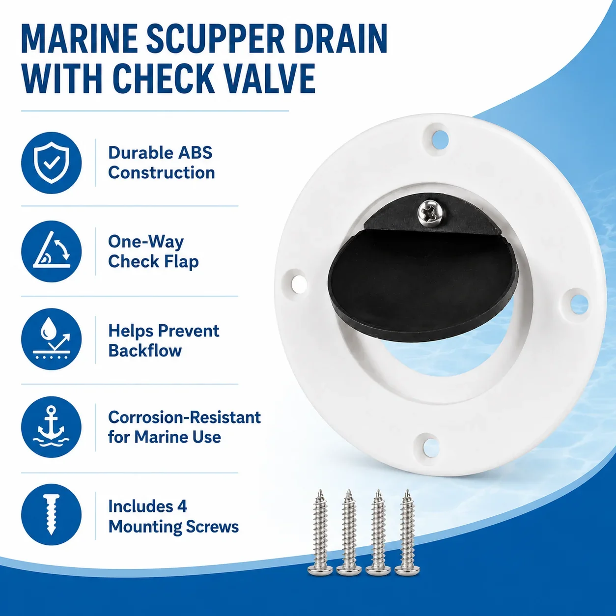 Marine One-Way Drain Valve in White ABS with Check Flap for Bilge Outlets and Deck Scuppers on Yachts Speedboats and Small Boats