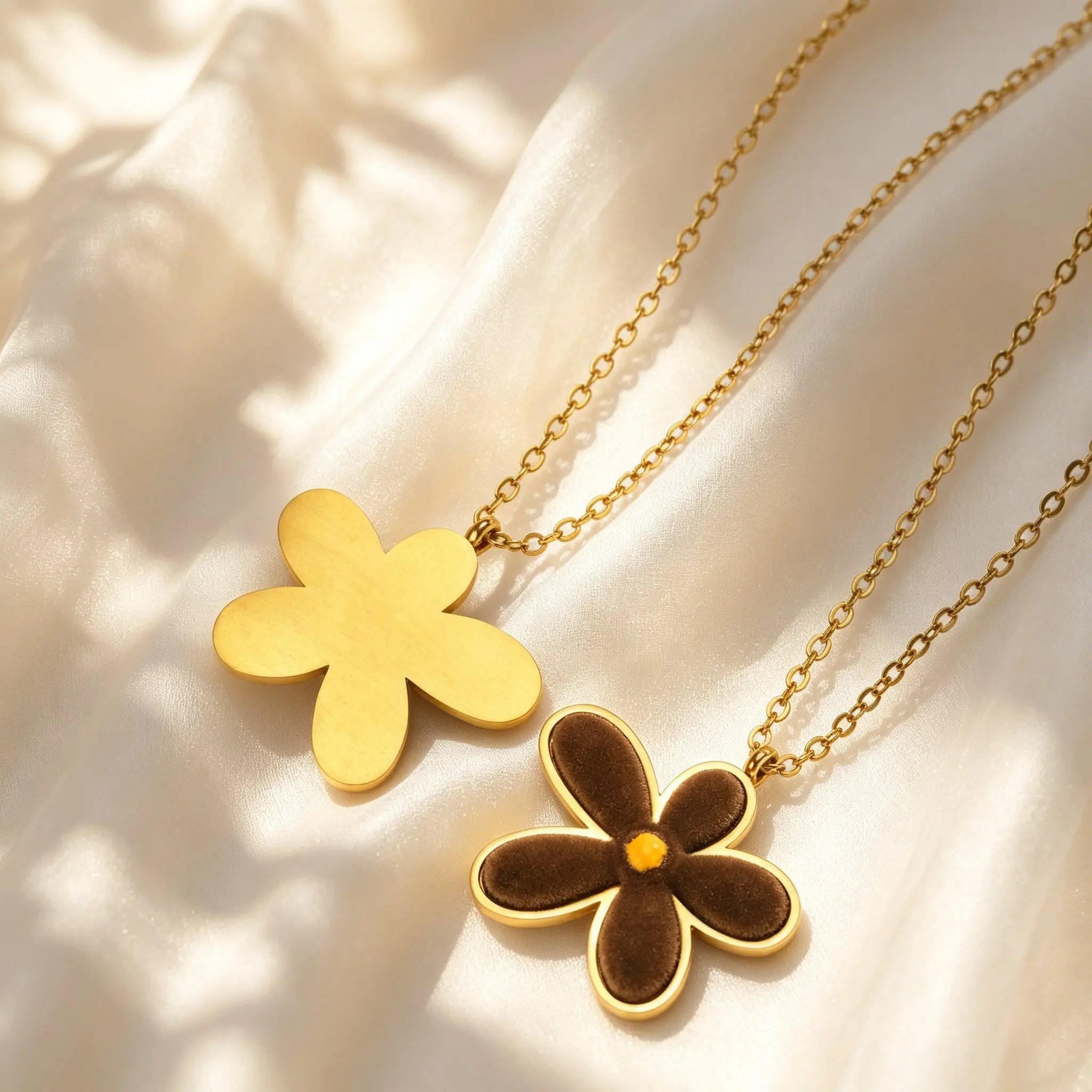 Irregular Brown Five Leaf Flower Necklace for Women, Flocking Floral Pendant Necklace, Stainless Steel Fashion Aesthetic Jewelry