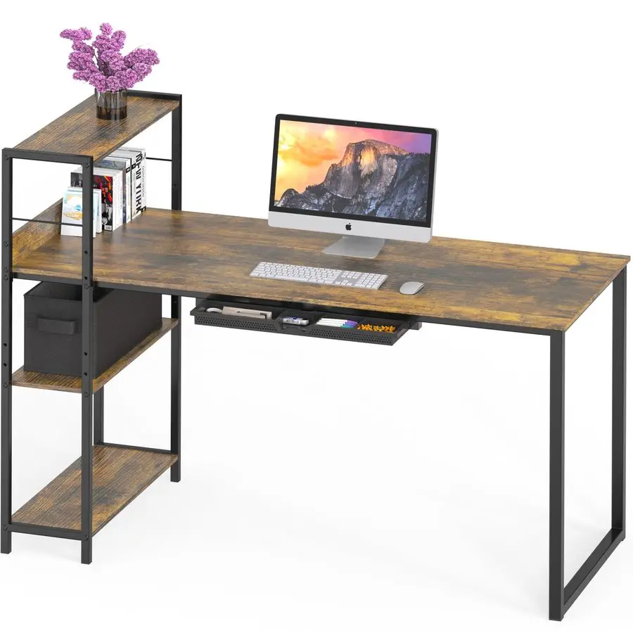 

46Inch Home Office Mission Computer Desk with Side Shelf and Drawer, Rustic Brown