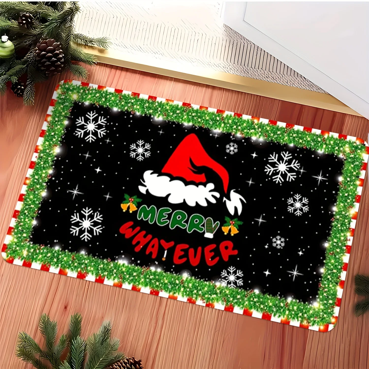 Funny Merry Whatever Christmas Doormat Santa Hat Snowflake Green Garland Border Print Non Slip Washable Front Entrance Floor Rug