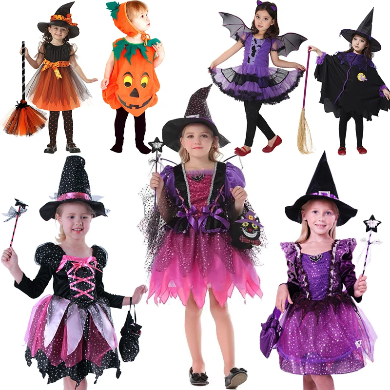 

2024 Halloween Baby Girl Cosplay Pumpkin Outfit Children's Role Play Masquerade Ghost Witch Dress Infant Newborn Vampire Bat Set