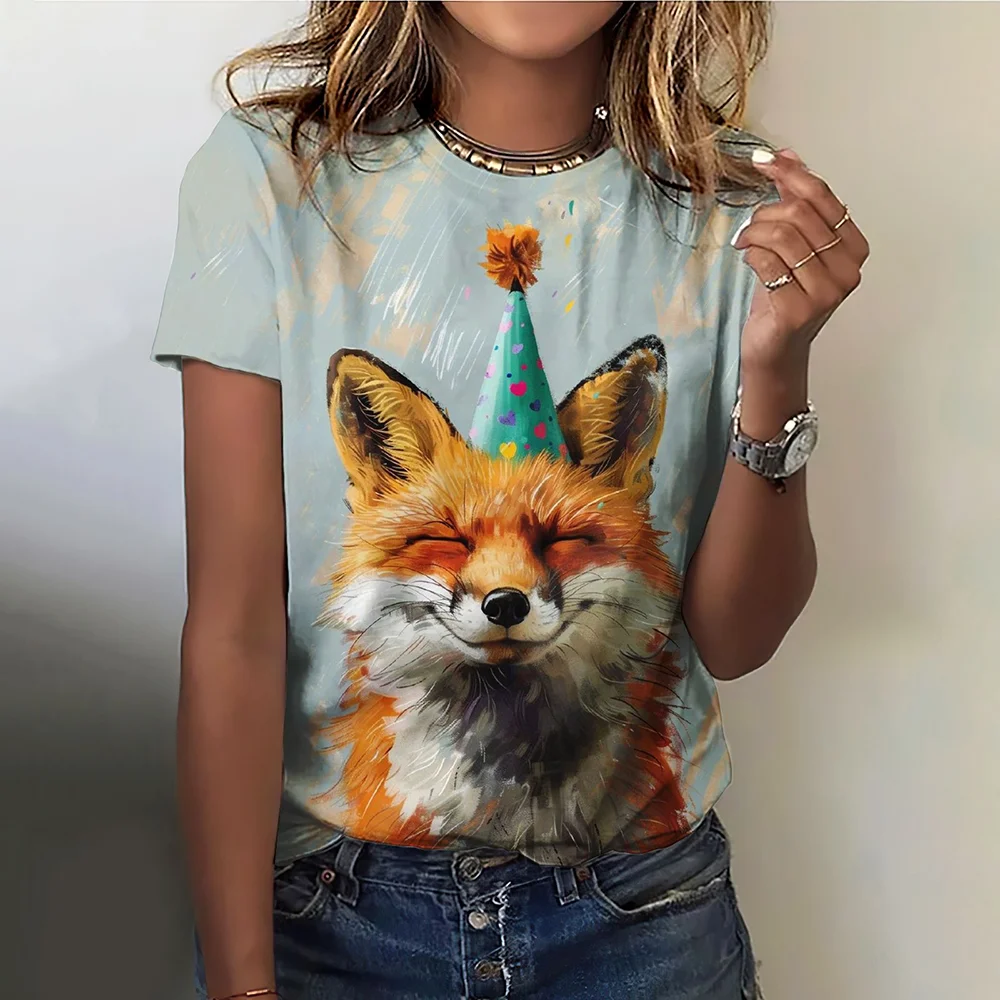 

Animal Fox Printing T Shirt O-neck Short Sleeve Ladies Clothes Leisure Street Female T-shirt Woman Clothing Harajuku Tee Top