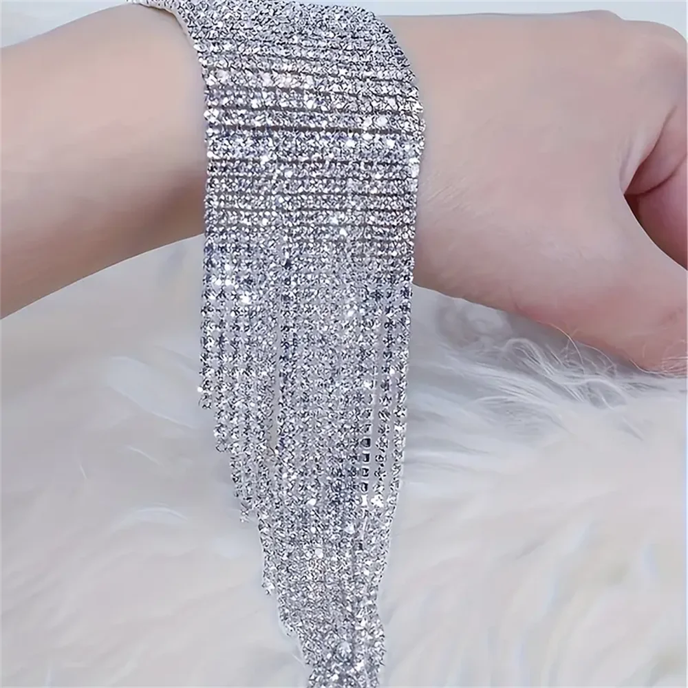 1pc Exquisite Sparkling Tassel Crystal Bracelet Jewelry Fashion Banquet Party Rhinestone Bracelet Dressing Jewelry Accessories