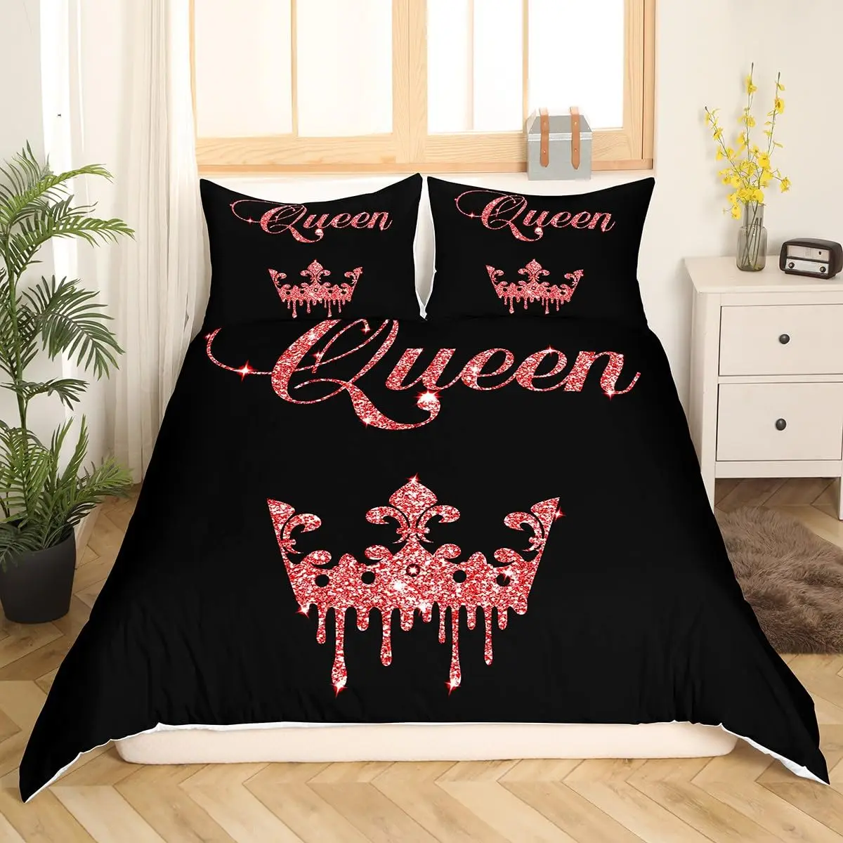 

Modern King Crown Duvet Cover Twin Black Pink Bedding Set Women Adults Couple Comforter Cover Girls Valentines Day Quilt Cover