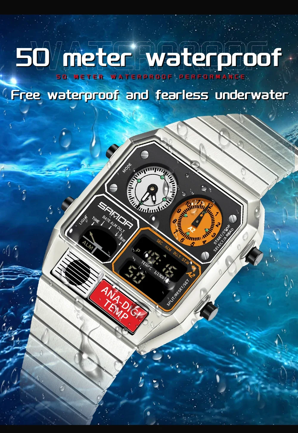 SANDA 3192 Quadratische elektronische Uhr für junge Männer, lässige multifunktionale Armbanduhr mit Thermometer, Stoppuhr, Chronograph – Detail 14