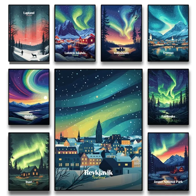 أورورا ليلة تافيل مدن أيسلندا كندا النرويج الشتاء الغابات المشهد المشارك حائط لوح رسم الفن صور ديكور المنزل