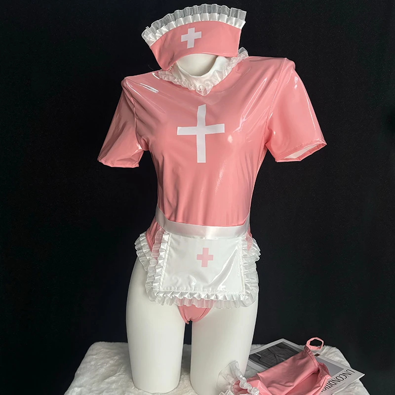 

Erotic Original Women's Temptation Nurse Cosplay Uniform Sexy Pink Patent Leather Cross Pattern Bodysuit with Gloves Hat Apron