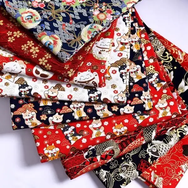 Printed Flower Japanese Fabric By Meter for Tablecloth Clothes Sewing Plain Cat Pattern Pure Cotton Bronzing Textile Comfortable