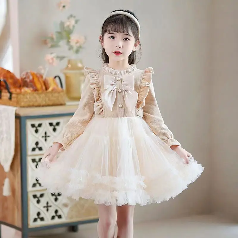 Daily Skirt Girls Bow Knot Corduroy Dresses Autumn Winter Kids Sweet Patchwork Mesh Puffy Princess Dress Children Birthday Party