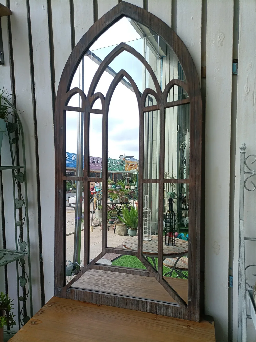 Cathedral Style Decorative Mirror, Fake Window, Vintage Wooden Frame, 18x28 Inches