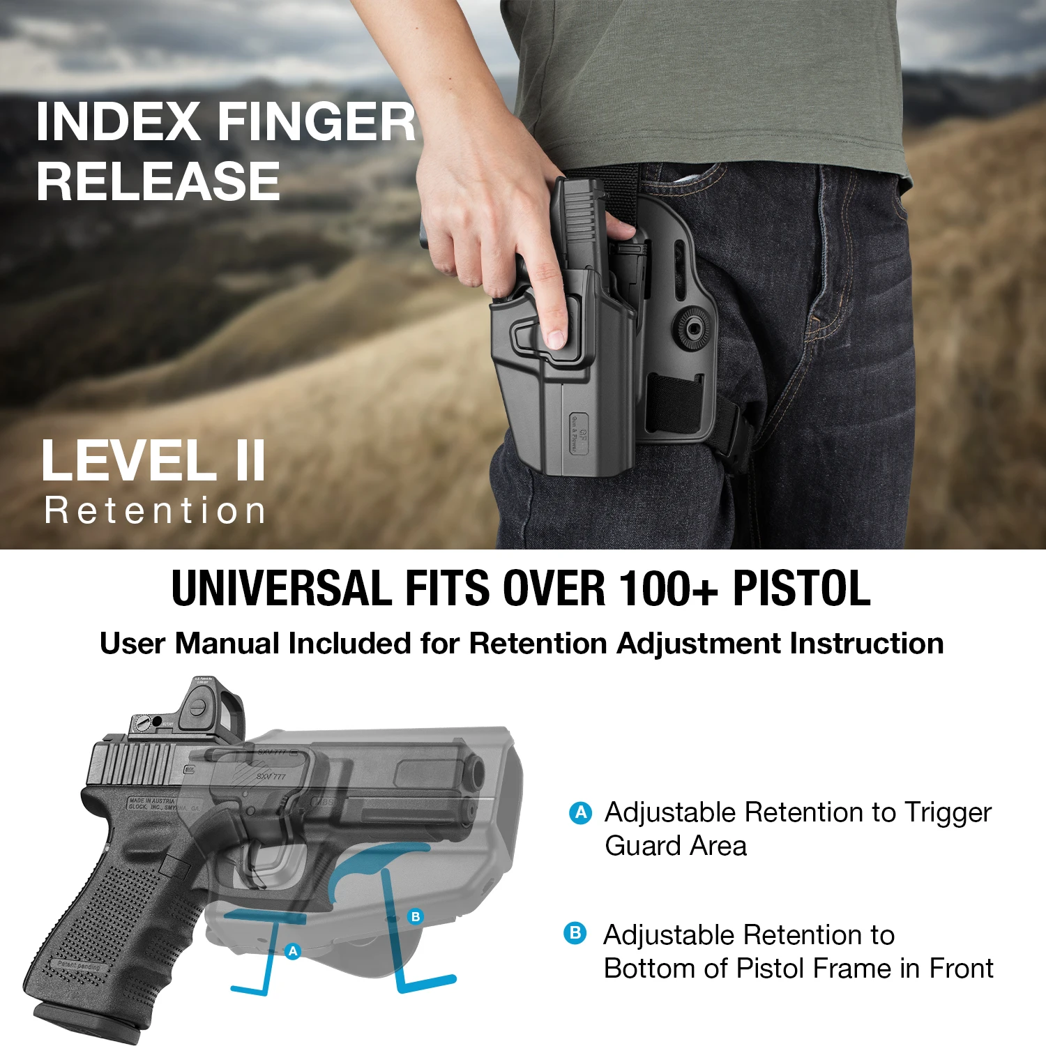 Gun&Flower Tactical Drop Leg Platform with Finger Release Adjustable Universal Fit Gun Holster for Glock 17/19 Full  Size Pistol