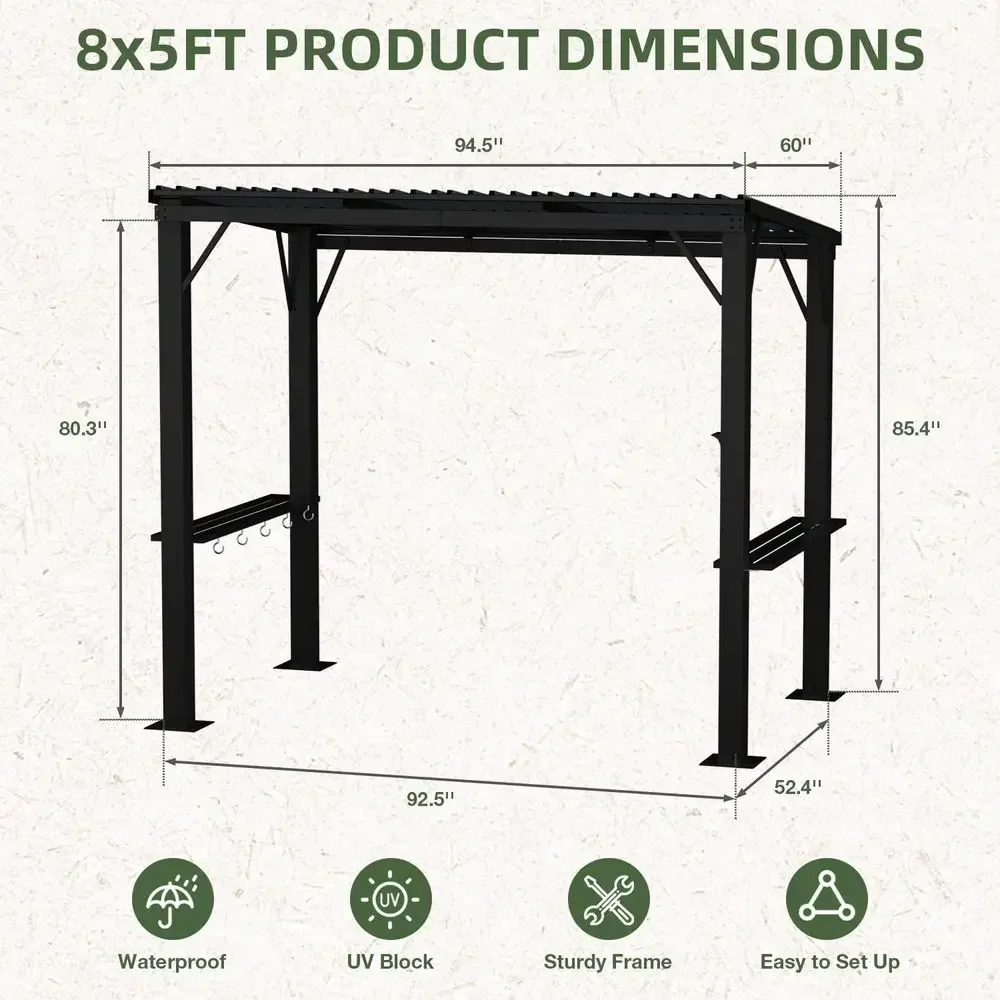 5'x8' Hardtop Grill Gazebo, Outdoor Gazebo with Side Shelves, BBQ Grill with Bottle Opener & Hooks, Metal Gazebo Pergola or Pati
