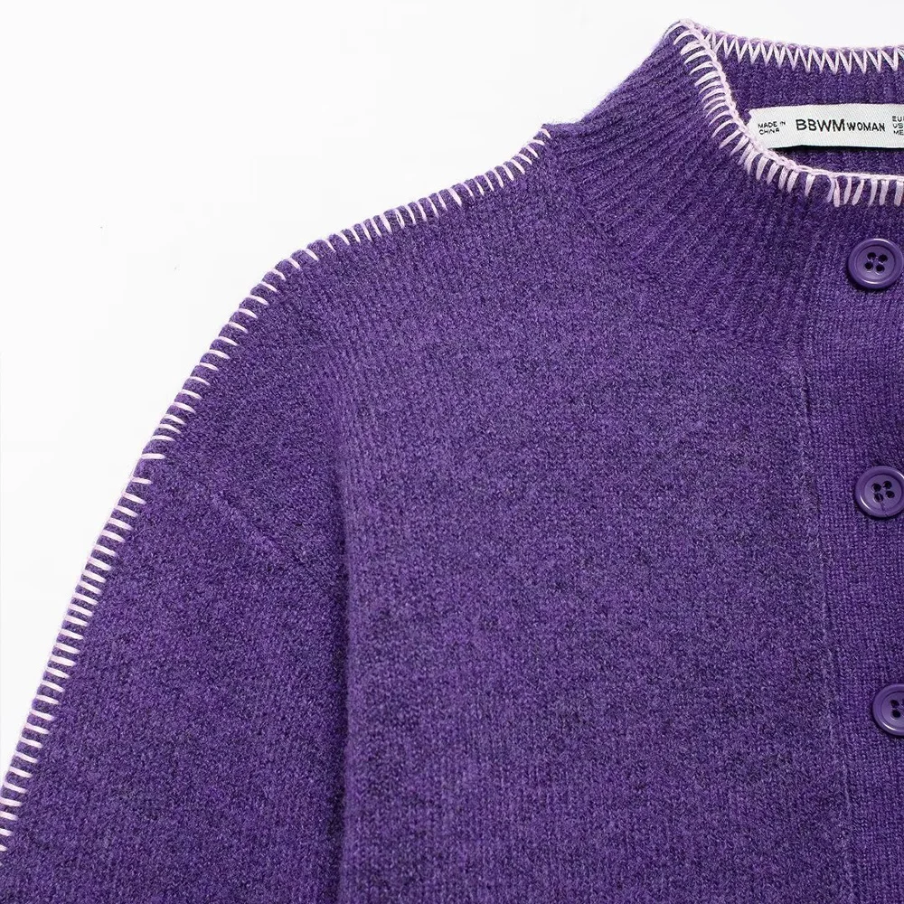 Vintage Sweet Purple Color Stand Collar Long Sleeves Single Breasted Short Women Easy Match Knit Jacket Coat ZATAF 2024 New