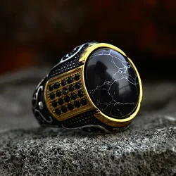 Gothic Vintage Stainless Steel Oval Part Gold Color Black Stone Ring For Men Punk Biker Fashion Creative Jewelry Gifts Wholesale