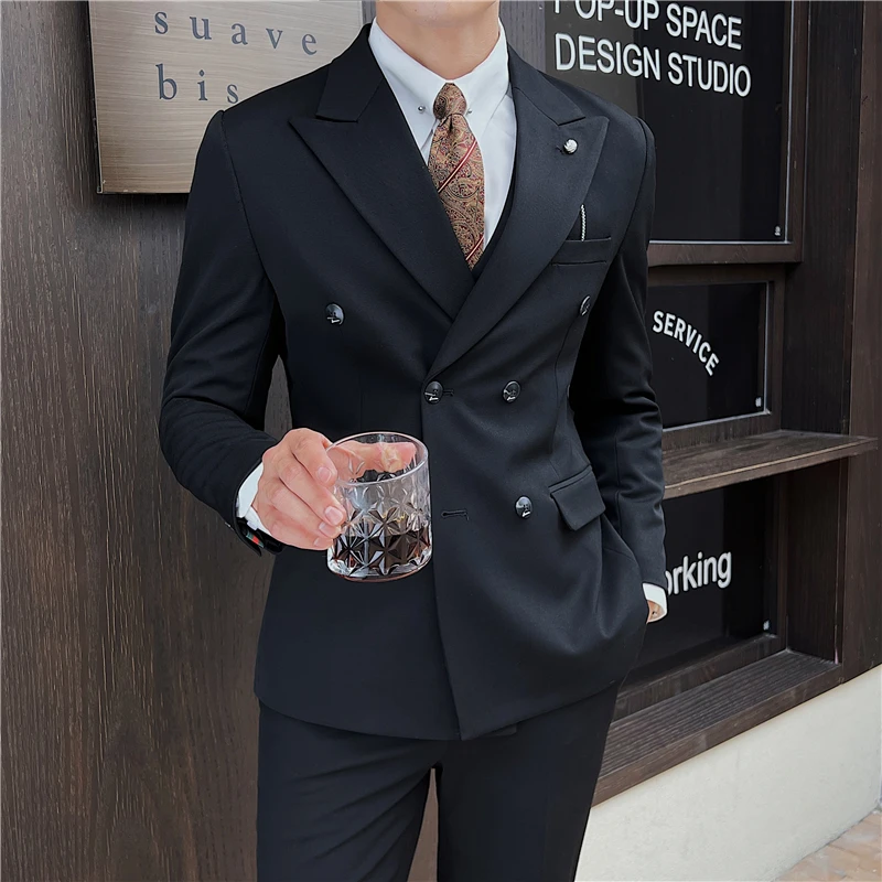 (Blazer+Vest+Pants) Boutique Men\'s Business Gentleman Wedding Dress Double Breasted Office Suits Hosting Slim Casual 3 Piece Set