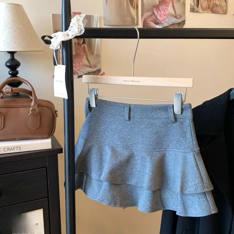 Double Layered Ruffles Mini Skirt Solid Spring Autumn Vintage Woman Skirts Korean Fashion Sexy High Waist Faldas Mujer