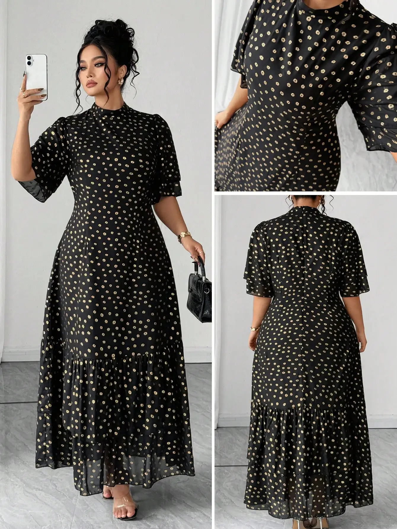 

Plus Size Women's Black Floral Print Stand Collar Ruffle Sleeve Maxi Dress for Spring Summer Autumn