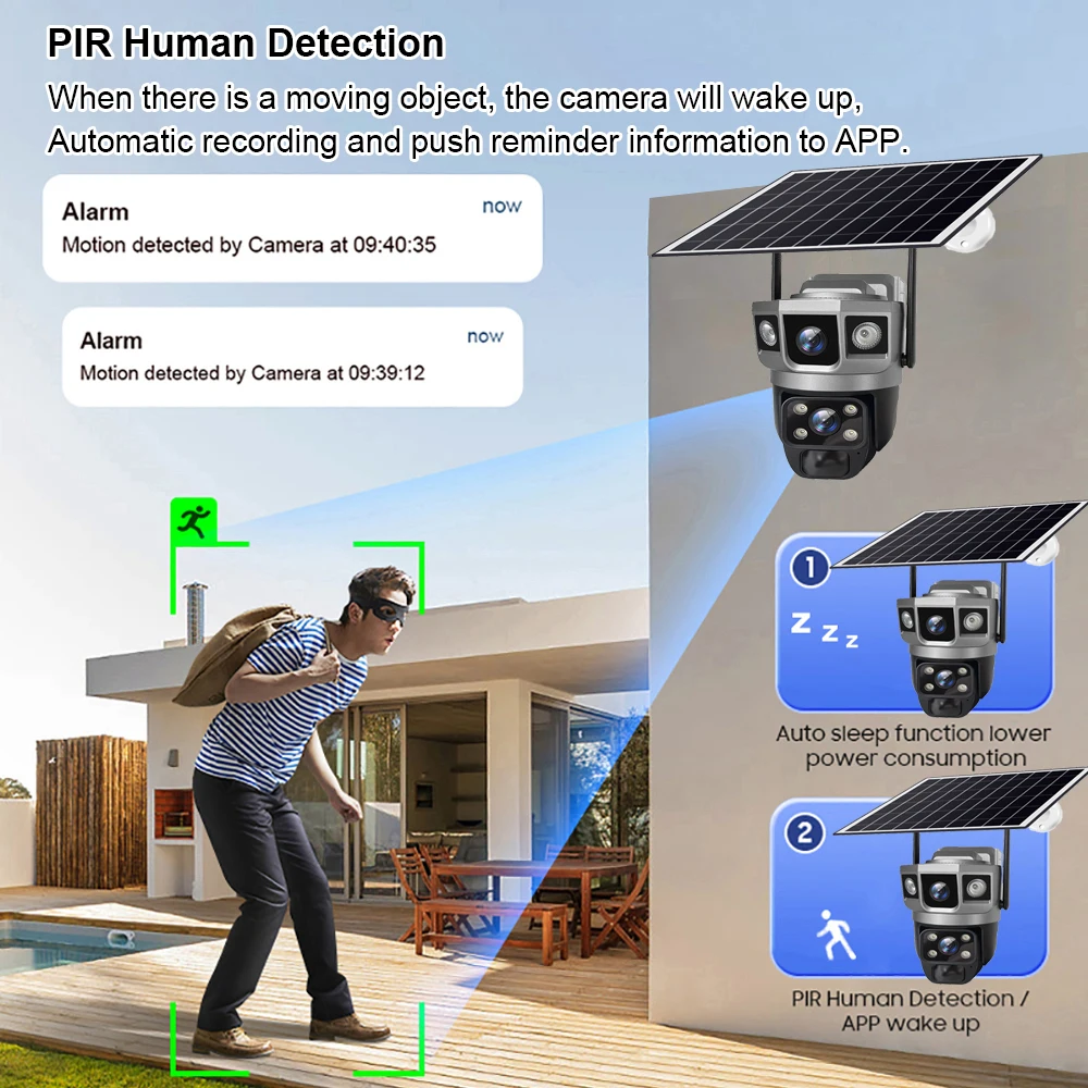 เลนส์คู่ 4G ซิมการ์ดพลังงานแสงอาทิตย์กล้องวงจรปิด 8MP PIR มนุษย์ตรวจจับความปลอดภัยป้องกันกล้อง WIFI Night Vision Video Recorder แบตเตอรี่ในตัว