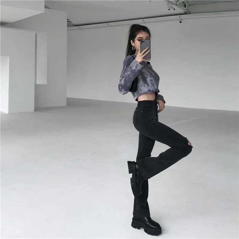 Ruibbit Black Long Jeans Women Basic Classic High Waist Hot Girls Flared Jeans Hole Denim Pants Elastic Stretch Jeans