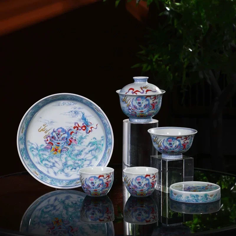 Jingdezhen Ceramic Doucai Lion Awakening Cover Bowl Pot Bearing Press Cup Cover Lion Rolling Hydrangea Handmade Tea Set Teaware