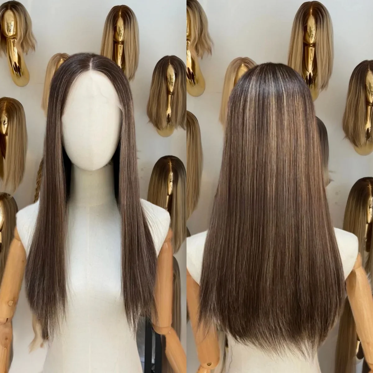 22 Inches Ombre Light Chestnut Brown Synthetic Lace Frontal Wigs Natural Straight Soft Middle Parting Glueless Wigs For Women