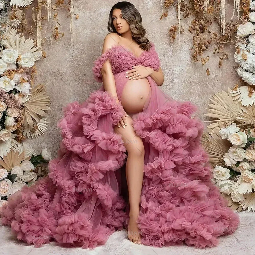 Vestidos de maternidad personalizados, vestidos de tul para fotos de embarazadas, Baby Shower, hombros descubiertos, abertura frontal, ropa de dormir nupcial, vestido de talla grande