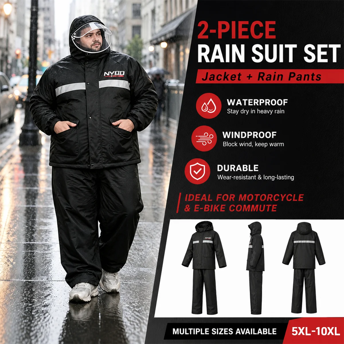Plus Size Rain Suit, Extra Large Waterproof Raincoat for Men Women, Heavy Duty 2-Piece Rain Gear for Outdoor Riding
