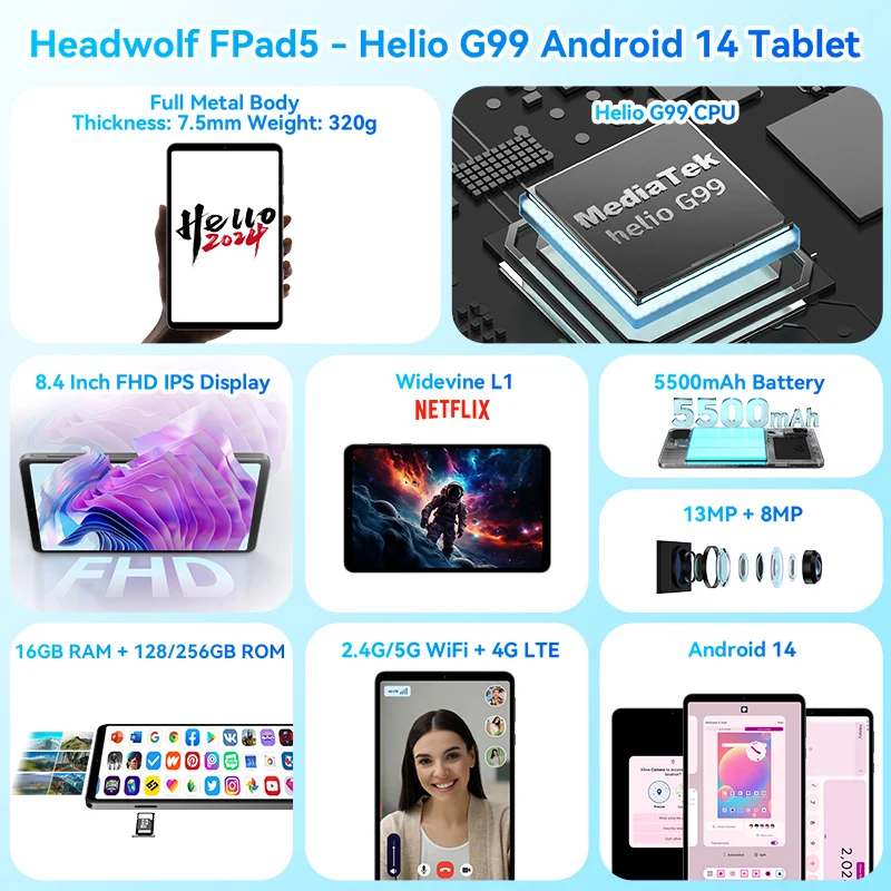 Imagem -02 - Tablet Headwolf-fpad5 Pro f5 84 Polegada Fhd Android 14 Netflix l1 Helio G99 Máximo de 16gb Ram Mais 128 gb 256gb Rom Dual Sim Lte 5500mah