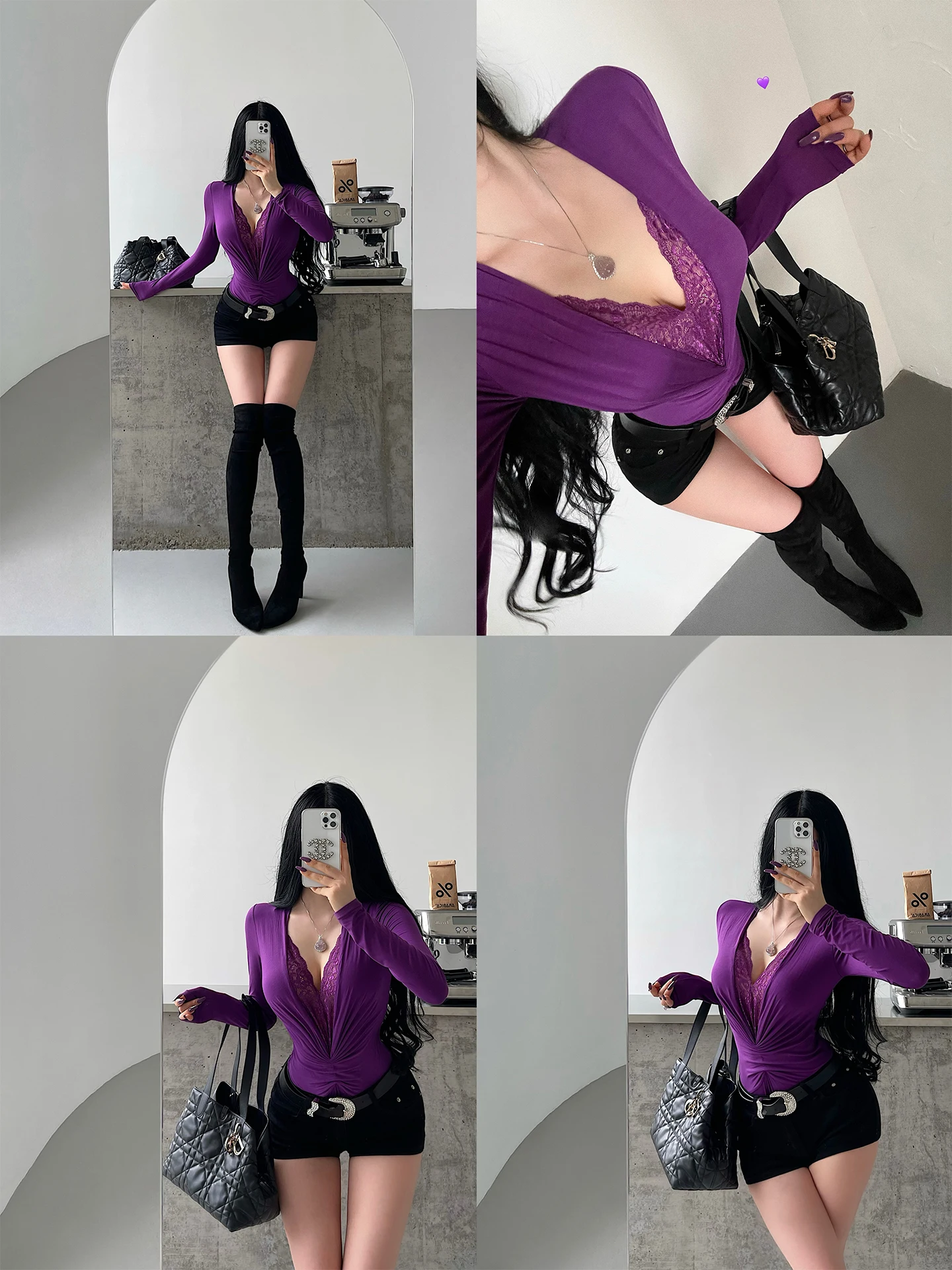 

YoungGirlDay Sexy Deep V Lace Splice Pleated Slim Long Sve Onesie orts High Waist ort Pants Women's Faion Lingerie