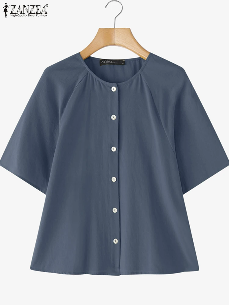 ZANZEA Summer Shirts Women Loose Cotton Tops 2025 Fashion Tunic O Neck Short Sleeve Femininas Casual Buttons Tunic Oversized