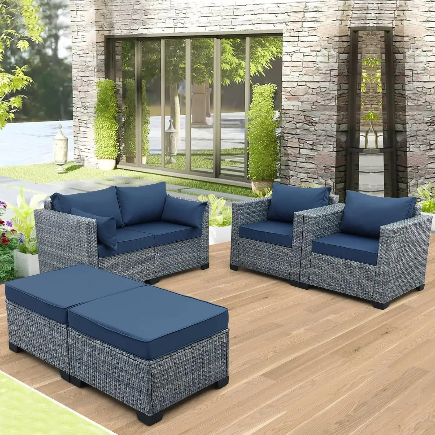 5PCS Patio Furniture Set, Outdoor Wicker Conversation Set w/ Ottomans, All-Weather PE Rattan Love Seat & Chair Set w/ Cushions