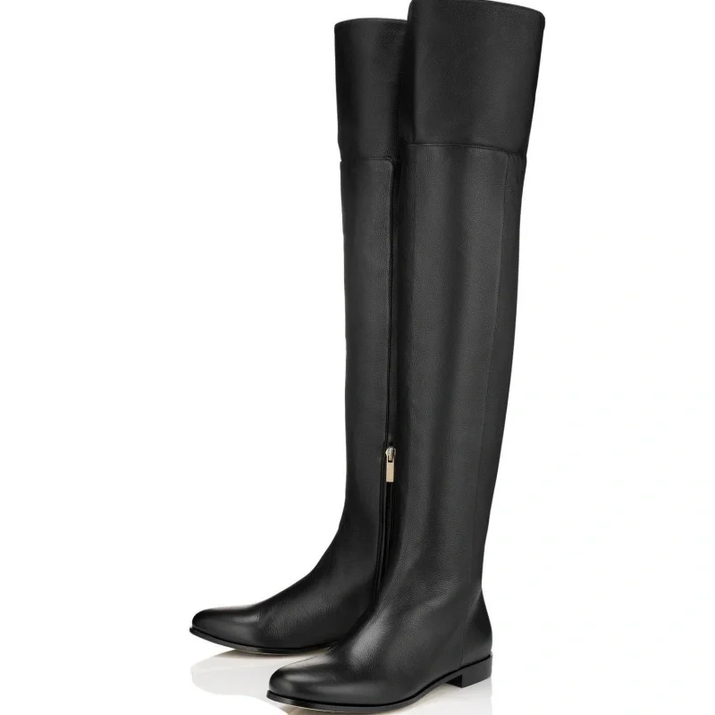 Black Brown Zippered Round Toe Thick Heel Over-The-Knee Thigh Boots Women's Casual Rider Flat Boots Winter Lady Plus Size 43
