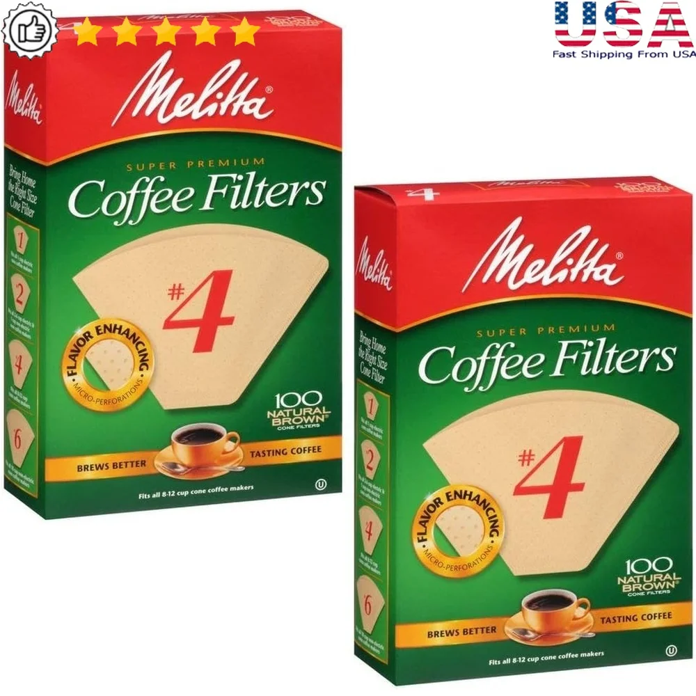 

Natural Brown Coffee Filters 100 Count Pack of 2 Cone Shape Fits 8 to 12 Cup Coffeemakers Thicker Paper Made in USA