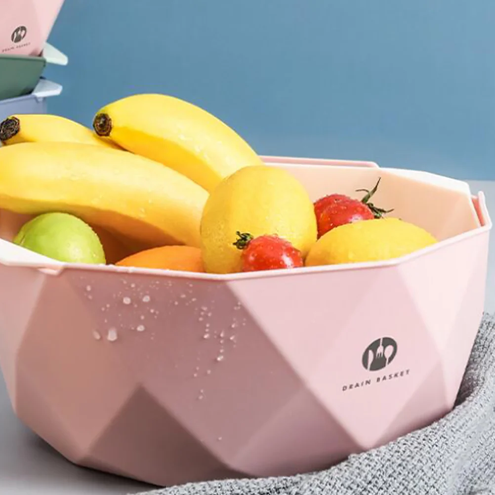 

Double Layer Pink Drain Basket Size S Fruit Vegetable Storage Strainer Kitchen Basket for Washing Draining Quick Drying