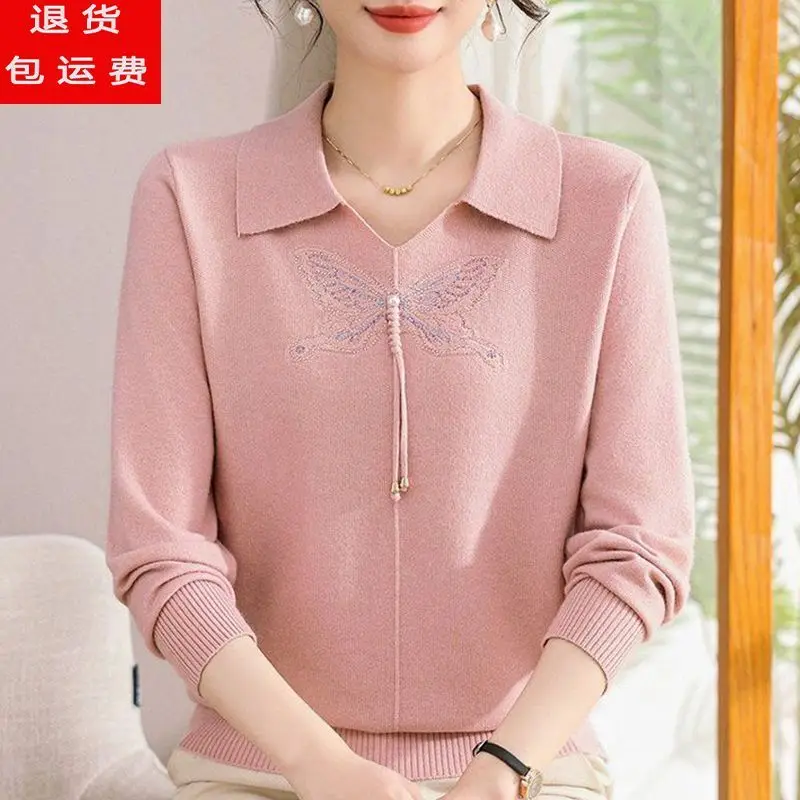 

New Style of Women's Autumn and Winter Splicing Buttons Solid Color Loose Lapel Base Long Sleeve Sweater Knitted Top