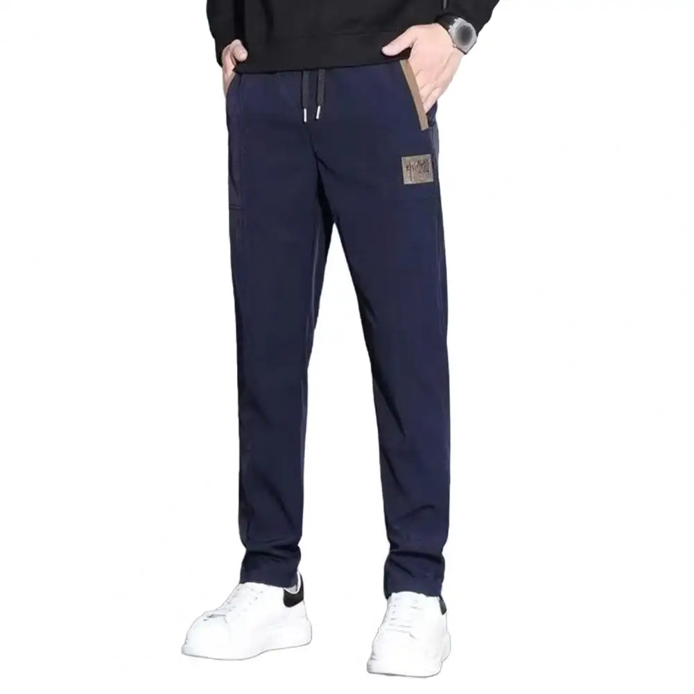 Elastic Waistband Trousers Straight-leg Pants Men's Winter Plush Sweatpants with Drawstring Waist Embroidery Detail for Weather